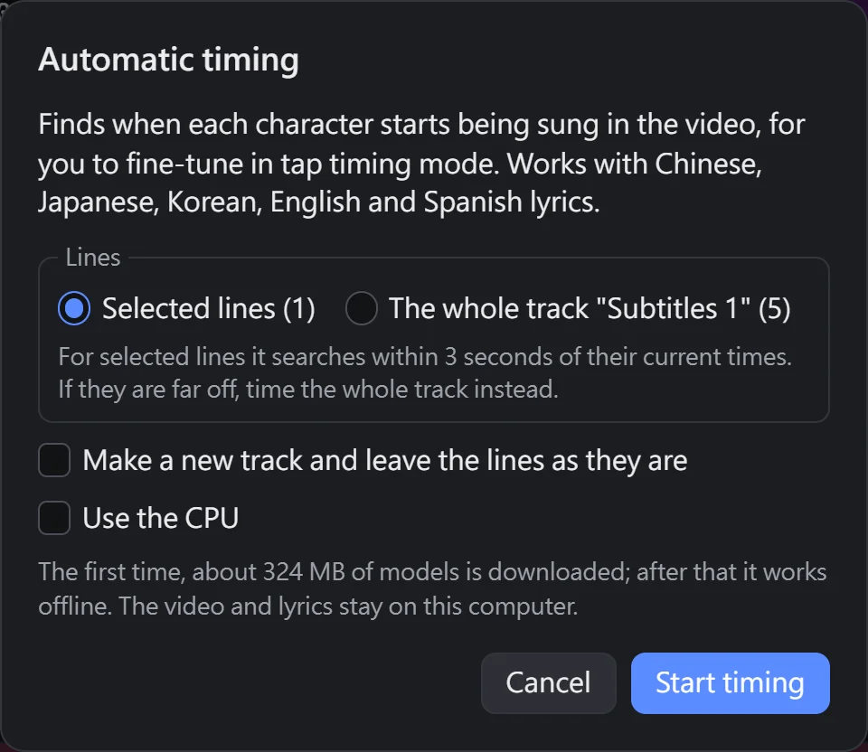The automatic timing dialog