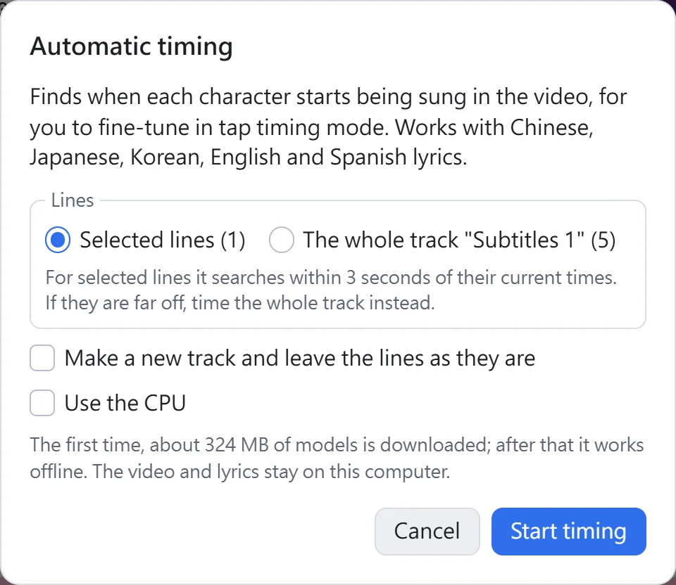 The automatic timing dialog