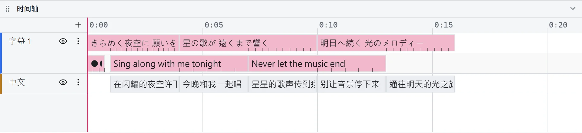 两个字轨：卡拉 OK 歌词和导入的中文翻译