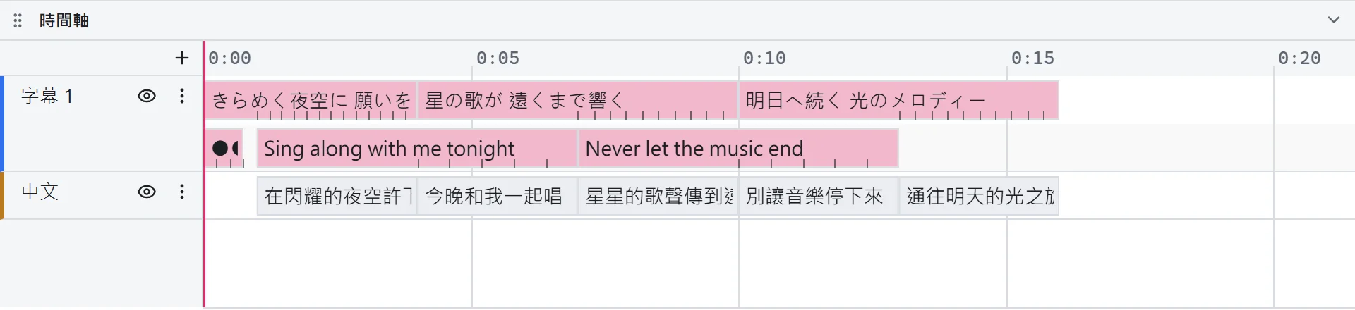 兩個字軌:卡拉 OK 歌詞和匯入的中文翻譯